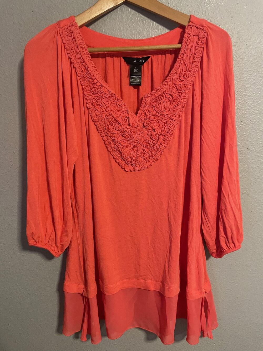 Ali Miles Womens Top Large Coral Floral Embroidered Chiffon Trim Peasant Boho